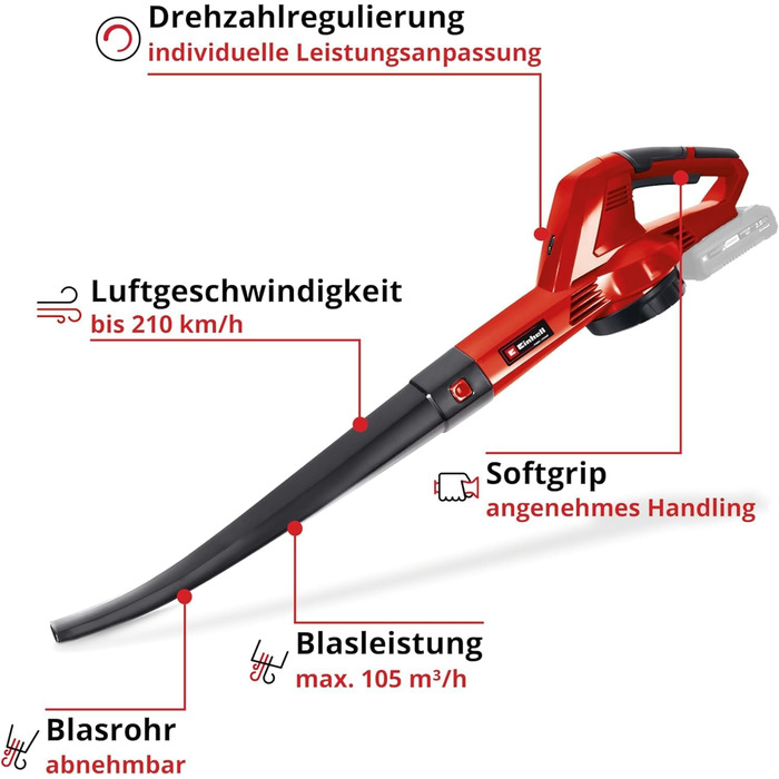 Акумуляторний повітродув Einhell GC-CL 18 Li E Solo Power X-Change, 18 В, 210 км/год, легкий, потужний, регулювання швидкості, Softgrip, без акумулятора