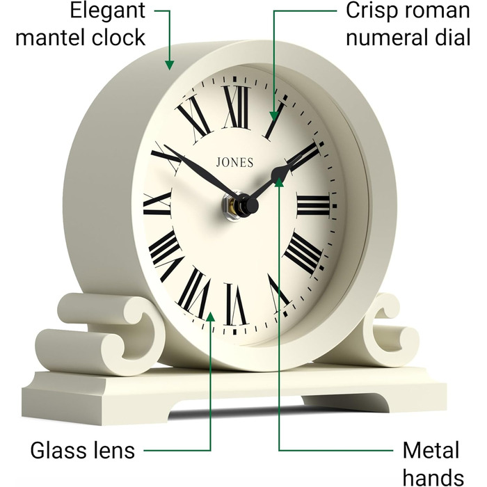 Настільний годинник JONES CLOCKS Saloon, білий, класичний стиль, подвійне скрол-оформлення, римські цифри, для столу, полиці або тумбочки