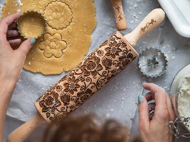 Рельєфна качалка для тіста з візерунком «Великі квіти» LOTUS від Algis Crafts, для домашньої випічки та кераміки