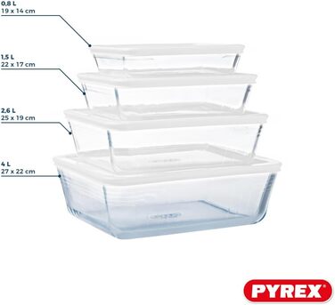 Набір скляних форм Pyrex Cook & Freeze з герметичними кришками (0,8 л, 1,5 л, 2,6 л, 4 л), для заморожування, без BPA