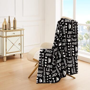 Плюшева ковдра Juicy Couture з короною Royal, чорна/біла, 127x177,8 см — м'яка декоративна накидка для дивана, ліжка та крісла, розкішний текстиль для дому