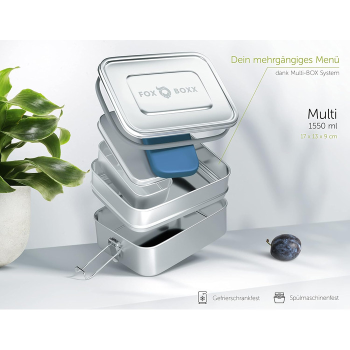 Ланч-бокс із нержавіючої сталі Premium Multi 1550 мл, двоярусний, з роздільником, мініконтейнером 150 мл, 2 кришками, 5 кільцями для декору, герметичний, Smart Clips, Edelstal