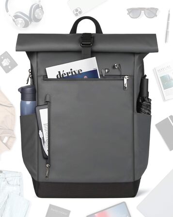 Рюкзак Inateck RollTop 25-30 л для чоловіків і жінок, велосипедний, шкільний, для університету, роботи, спорту та подорожей, з відділенням для ноутбука 17'' (сірий, стильний дизайн)