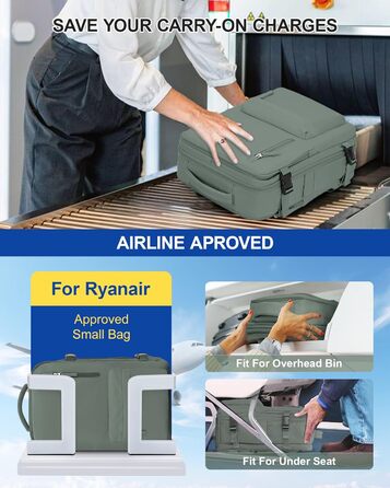 Рюкзак для ручної поклажі SZLX Ryanair, водонепроникний, з відділенням для взуття, для ноутбука 14'', для жінок і чоловіків, під сидіння літака, для EasyJet, темно-зелений
