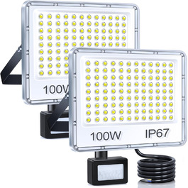 LED прожектор з датчиком руху для вулиці 100 Вт, 10000 Лм, 6500K, IP67, набір 2 шт, водонепроникний світильник для складу, саду, гаража