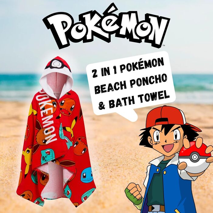 Дитячий пончо-рушник Pokemon з капюшоном, 100% бавовна, Покебол, Пікачу, пляжне та банне покривало