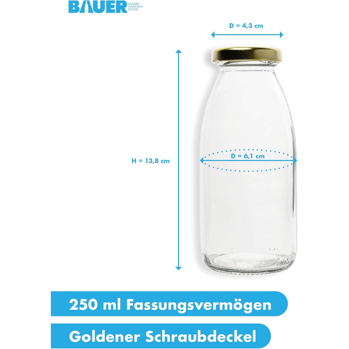 Набір із 24 скляних пляшок Flaschenbauer 250 мл із золотистою гвинтовою кришкою TO43 для домашнього розливу молока, соку, смузі, з етикетками