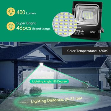 Світлодіодний прожектор Aigostar 50W з сонячною панеллю, холодне біле світло 6500K, IP66, для вулиці, саду, двору, гаража, 2 шт
