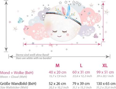 Декоративні настінні наклейки Little Deco для дитячої кімнати дівчинки — Місяць, хмари й зірки, XL 99x51 см, самоклеючі вінілові стікери для стін, DL268