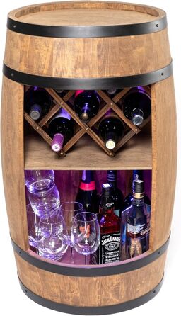 Дерев'яний бар-винний стелаж CREATIVE COOPER Fass Bar LED RGB з тримачем для вина, винний шафа-бочонок 80x50 см, темно-коричневий, для дому, декор у стилі рустик