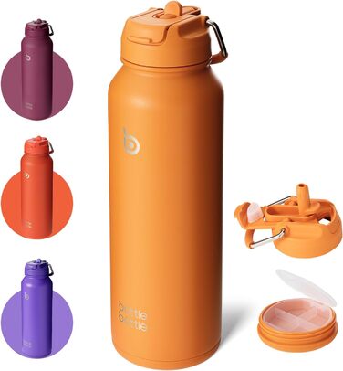 Термос-пляшка з нержавіючої сталі з трубочкою BOTTLE BOTTLE, 1 л, для спорту, з ручкою, для пігулок, біла/помаранчева