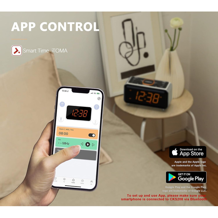 iTOMA радіобудильник з Bluetooth, FM-радіо, App-керуванням, подвійним будильником, 4 режимами, димером, нічником, USB-зарядкою, модель CKS208