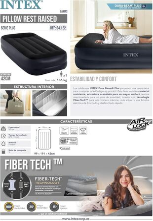 Надувне ліжко Intex Queen Pillow Rest Raised з технологією Fiber-Tech, чорний верх/синій низ, 64124 (Twin), для дорослих