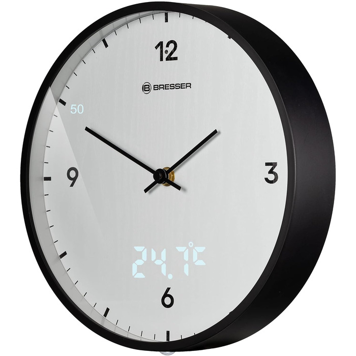Стіна годинник Bresser MyTime 24 см, радіокерований, безшумний, LED секундомір, термометр, білий