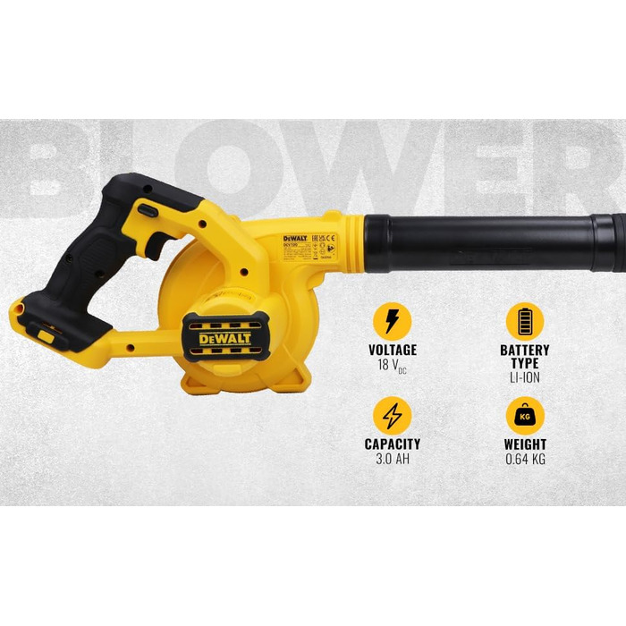 DEWALT акумуляторний повітродув 18В, 290 км/год, 3 режими, без акумулятора та зарядного, DCV100-XJ