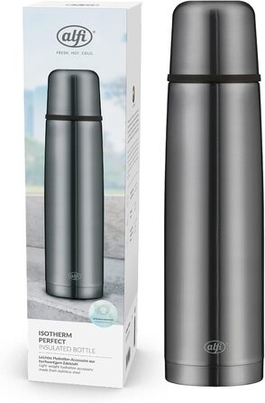 Термос alfi ISOTHERM PERFECT AV 1,0 л, нержавіюча сталь, автоматична кришка, герметичний, із термочашкою, матовий сірий, зберігає тепло 12 годин, не залишає відбитків, BPA-free