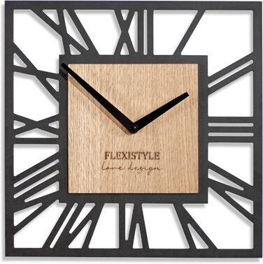 Сучасний настінний годинник FLEXISTYLE LOFT Piccolo Square 30см, безшумний, чорний дуб, для вітальні та ванної