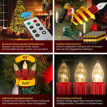 KESSER LED ялинкові свічки 30 шт., бездротові, різнокольорові, з пультом, таймером, мерехтінням, димміровані, з батарейками, кріплення, червоні