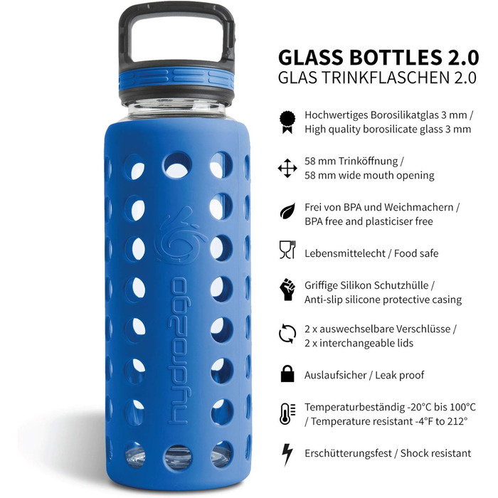 Скляна пляшка для води з силіконовим чохлом, 950 мл, герметична, BPA-free, придатна для миття в посудомийній машині, 2 змінні кришки, для офісу, спорту, фітнесу, йоги, темно-синя