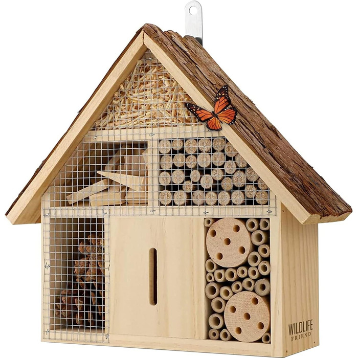 Інсектний готель WILDLIFE FRIEND з корою, 28x29,5x9 см – бджолиний будиночок з бамбуковими трубочками, нішами для комах і метеликів, для саду та балкону, малий, водостійкий
