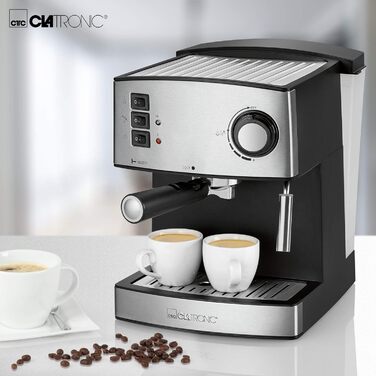 Еспресо-кавоварка Clatronic ES 3643, 15 бар, 1,6 л, 850 Вт, з нержавіючої сталі, парова насадка, знімний резервуар