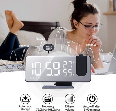 Цифровий проекційний LED-будильник із зарядкою, радіобудильник з USB-портом, подвійний будильник, LED-дзеркальний екран, регульована яскравість, індикація температури та вологості, чорний