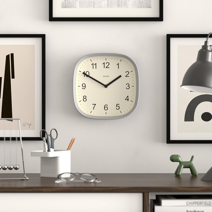Квадратний ретро настінний годинник JONES CLOCKS Sprite з акрилу, м'ятний 25x25x5 см, сірий