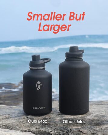 Термобутилка Coolflask 2 л з нержавіючої сталі з PU-чохлом, ізольована пляшка для води з кришкою-соломинкою, тримає холод 48 годин і тепло 24 години, Polar Black