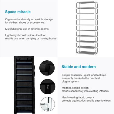 Тканинна шафа INTIRILIFE 170x58x28 см, чорна, з блискавкою, 9 полиць, для одягу та взуття, складана шафа для кемпінгу, текстильний гардероб