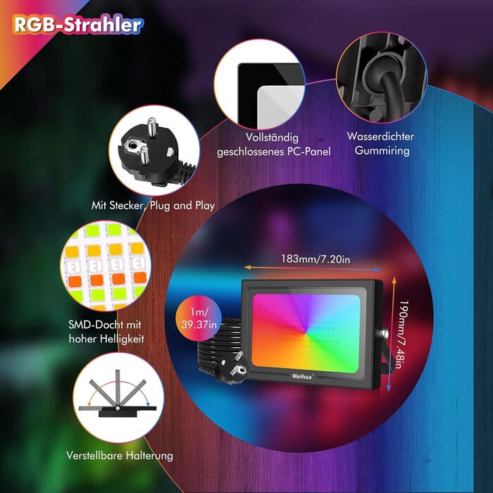 Світлодіодний RGB прожектор MEIHUA 60W з пультом, IP66, 10 кольорів, 12 режимів, таймер, для саду, ландшафту, вулиці