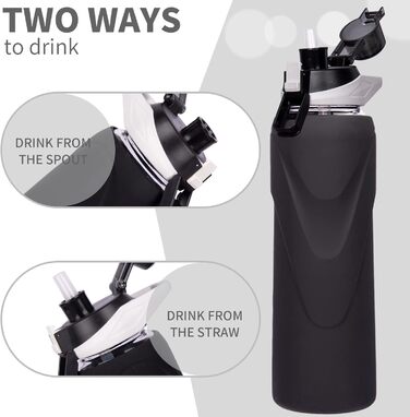 Скляна пляшка для води 1 л з трубочкою, боросилікатне скло, BPA-free, з силіконовим чохлом, чорна