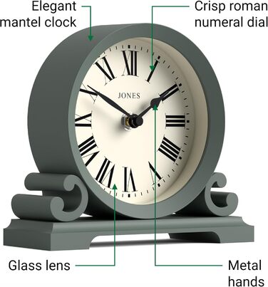 Настільний годинник JONES CLOCKS Saloon, класичний стиль, римські цифри, подвійний скрол, для столу, полиці чи тумбочки, зелений