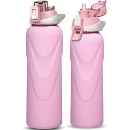 Скляна пляшка для води 1 л з трубочкою, боросилікат, BPA Free, силіконова оболонка, пастельно-рожева