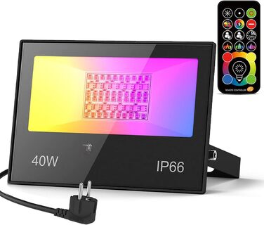 LED-прожектор RGB для вулиці 40W з пультом, 120 кольорів, 5 режимів, 4000 Лм, IP66, холодне біле світло, водонепроникний, для саду, двору, гаража, коридору – комплект 2 шт.