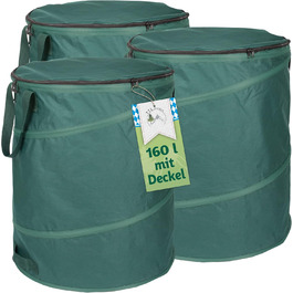 TTL Garden Комплект з 3 садових мішків 160 л з кришкою, 220 г/м², 600D Оксфорд, складаний, для листя та садових відходів, міцний