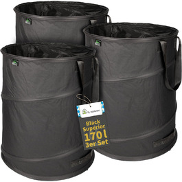 Комплект мішків для садового сміття TTL Garden BLACK SUPERIOR 3×170 л, самостійно встановлювані, подвійне дно, 260 г/м², міцний 600D Oxford, складаний, для листя та гілок