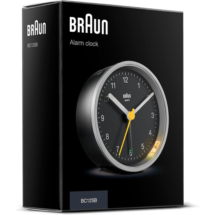 Класичний аналоговий будильник Braun BC12SB з підсвіткою, тихим кварцовим механізмом, поступовим сигналом і функцією повтору, чорний/сріблястий