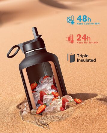 Термос пляшка для води Coolflask 2 л з трубочкою та 3 кришками, ізольована сталева спортивна пляшка з подвійною вакуумною ізоляцією, не протікає, чорна для спорту та офісу