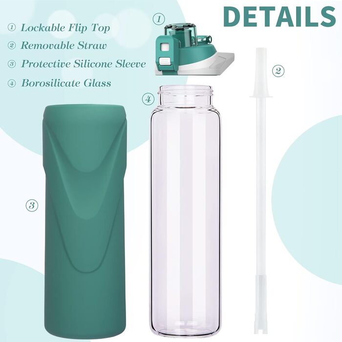 Скляна пляшка для води 1 л з трубочкою, BPA free, боросилікат, силіконова обгортка, темно-зелена