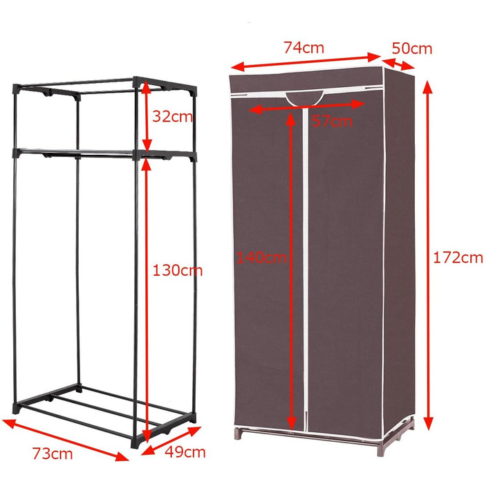 Текстильна шафа для одягу COSTWAY, складна, з полицями та штангою, 74x50x172 см, коричнева, для вітальні, спальні, підвалу