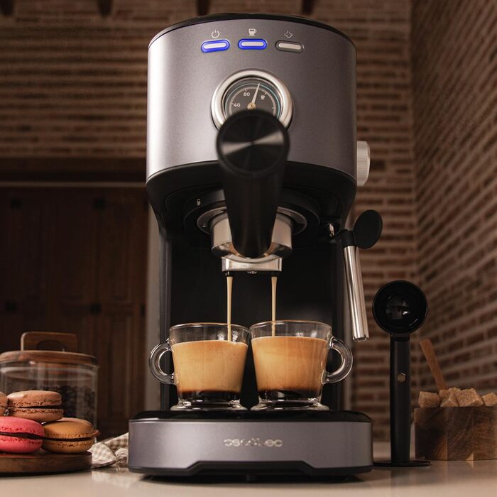 Кавоварка еспресо Cecotec Power Espresso 20 Pecan, 1100 Вт, 20 бар, термоблок, сталевий корпус, манометр, 1,25 л, подвійний фільтр, парова насадка