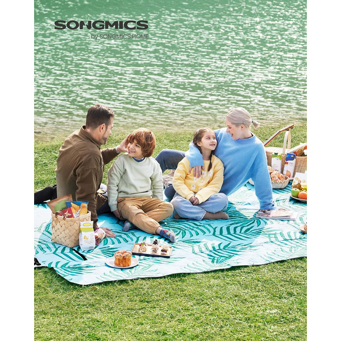 Пікнік килимок SONGMICS 200x200 см водонепроникний, складний, машинне прання, для кемпінгу, парку, саду, пляжу, візерунок папороть, сірий і блакитний