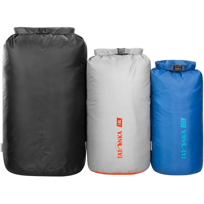 Водонепроникний мішок Tatonka Dry Sack з роликовою застібкою, набір 10/18/30 л, з переробленого поліестеру, чорний/сірий/синій