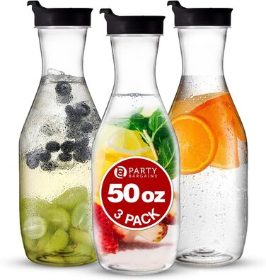 Пластикова глечик Party Bargains з кришкою, прозорий, набір 3 шт., чорна відкидна кришка, преміум-якість, міцний глечик для холодного чаю, соку, холодної кави, мімоза-бару
