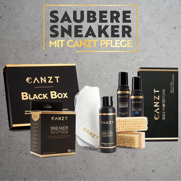 Преміум набір для чищення кросівок Canzt Black Box – для замші, нубуку, шкіри та текстилю, з засобом для взуття, серветкою, щітками, вологими серветками та дезодорантом