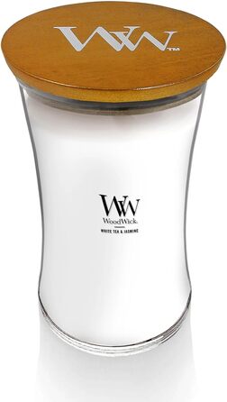 Велика ароматична свічка WoodWick у скляній колбі-пісочному годиннику з дерев'яним гнотом, аромат Льон, до 130 годин горіння