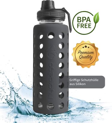 Скляна пляшка для води з силіконовим чохлом Onyx Black 950 мл, герметична, BPA-free, придатна для миття в посудомийній машині, 2 змінні кришки, для офісу, спорту, фітнесу та йоги