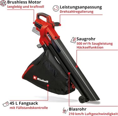 Акумуляторний садовий пилосос Einhell VENTURRO 18/210 Power X-Change, Li-Ion 18 В, потужність всмоктування 500 м³/год, мішок 45 л, швидкість повітря 210 км/год, без акумулятора та зарядного пристрою