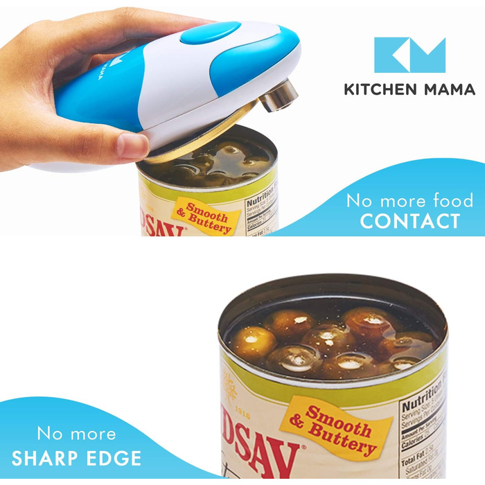 Автоматична електрична відкривачка для консервів Kitchen Mama, безпечна, з гладким краєм, харчова нержавійка, блакитна