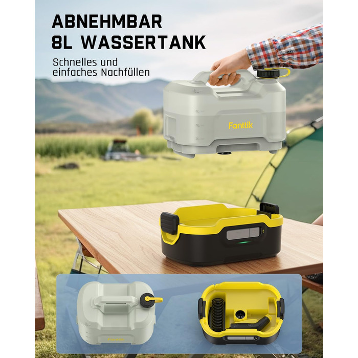 Fanttik NB8 Nano – портативна бездротова електрична мийка високого тиску з баком 8 л, телескопічною насадкою, акумулятором 2600 мА·год, для тераси, кемпінгу та миття домашніх тварин